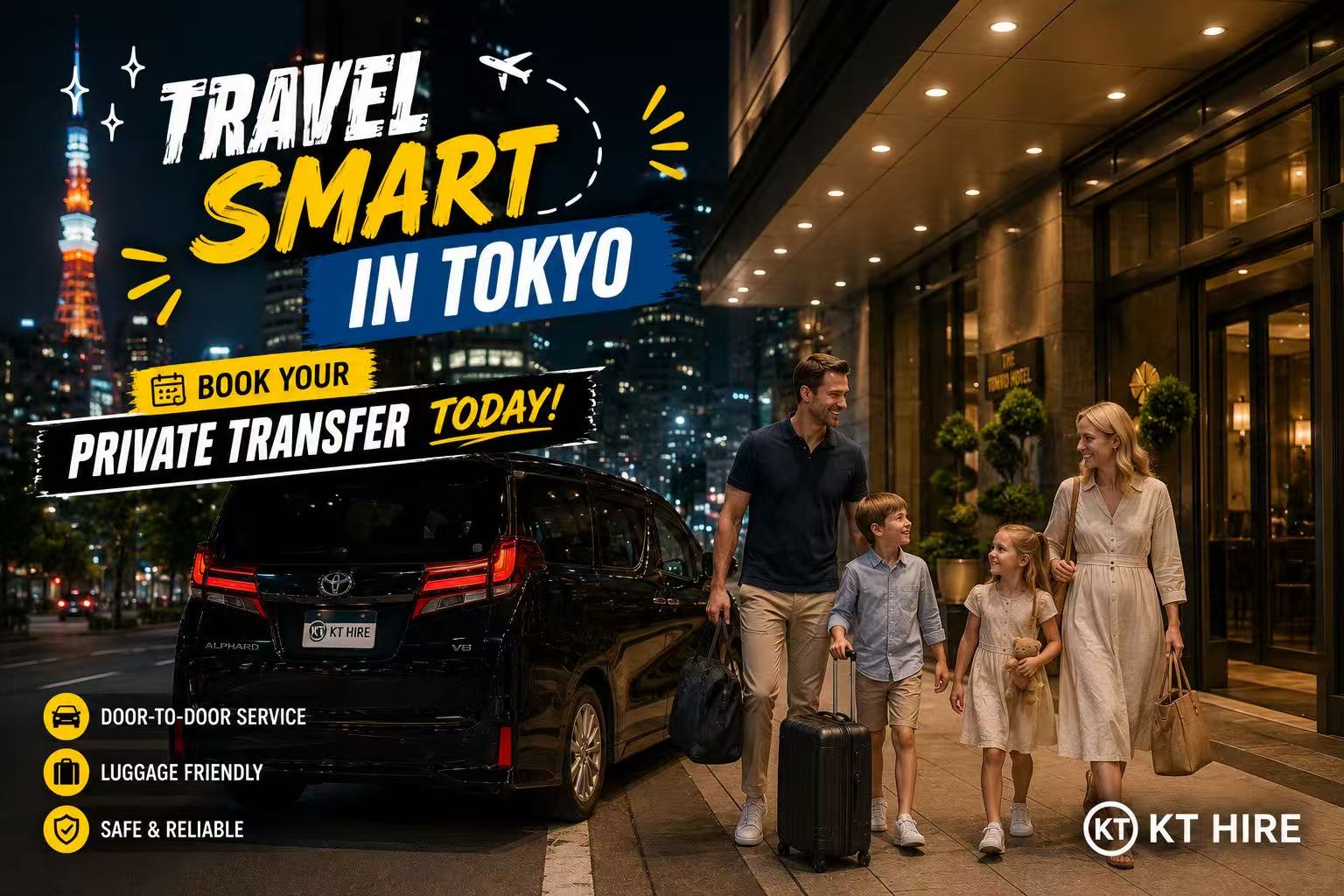 Family traveling in Tokyo with luggage using a private airport transfer service