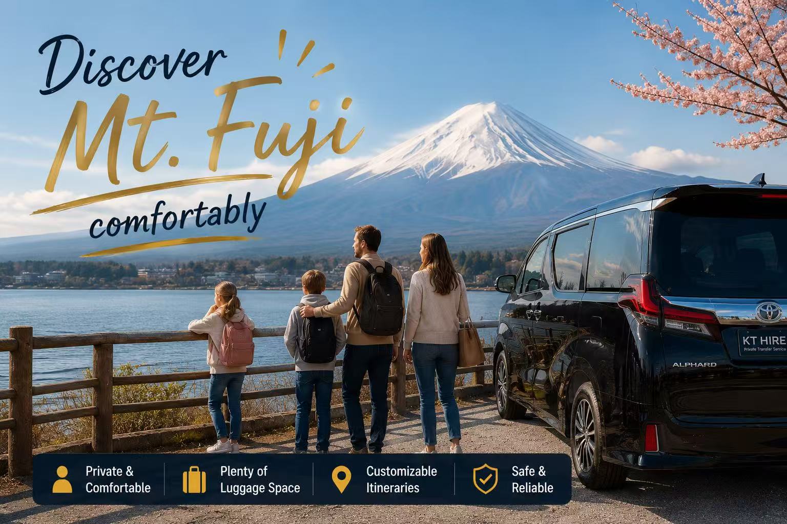 Family enjoying a private Mt. Fuji day tour from Tokyo with a comfortable private car.