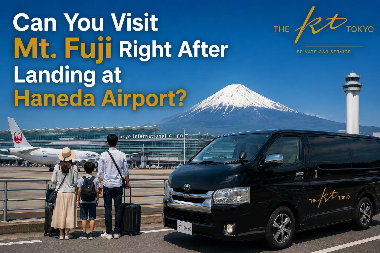 Family visiting Mt. Fuji after arriving at Haneda Airport