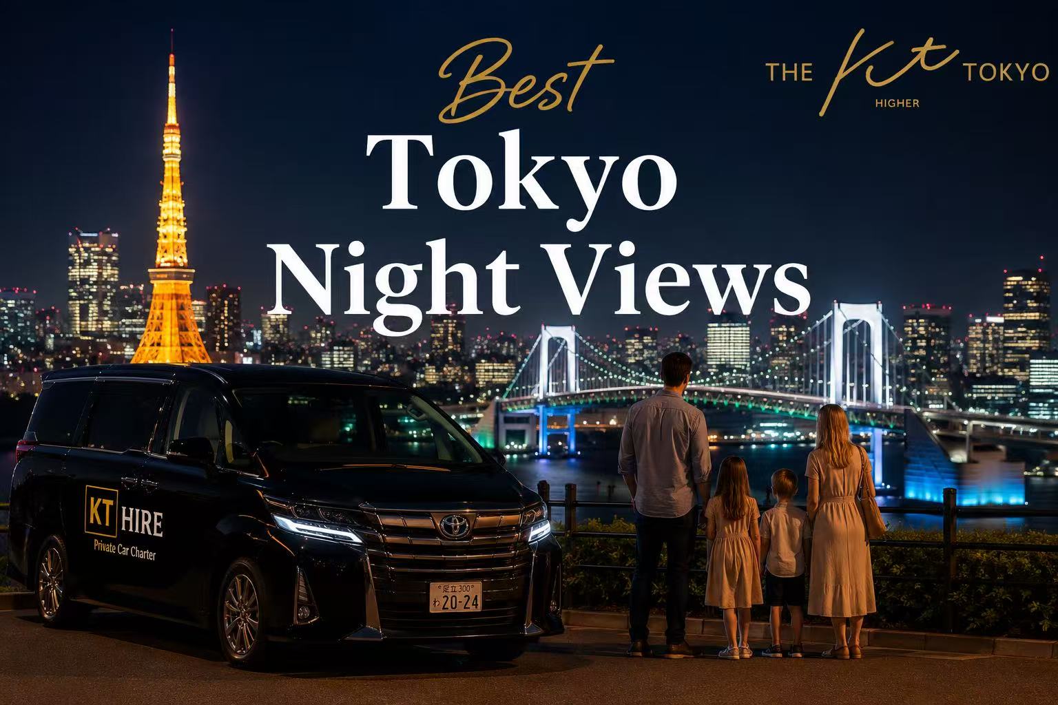Tokyo night skyline featuring Tokyo Tower, Rainbow Bridge, Shibuya Sky, and a KT Hire private vehicle.