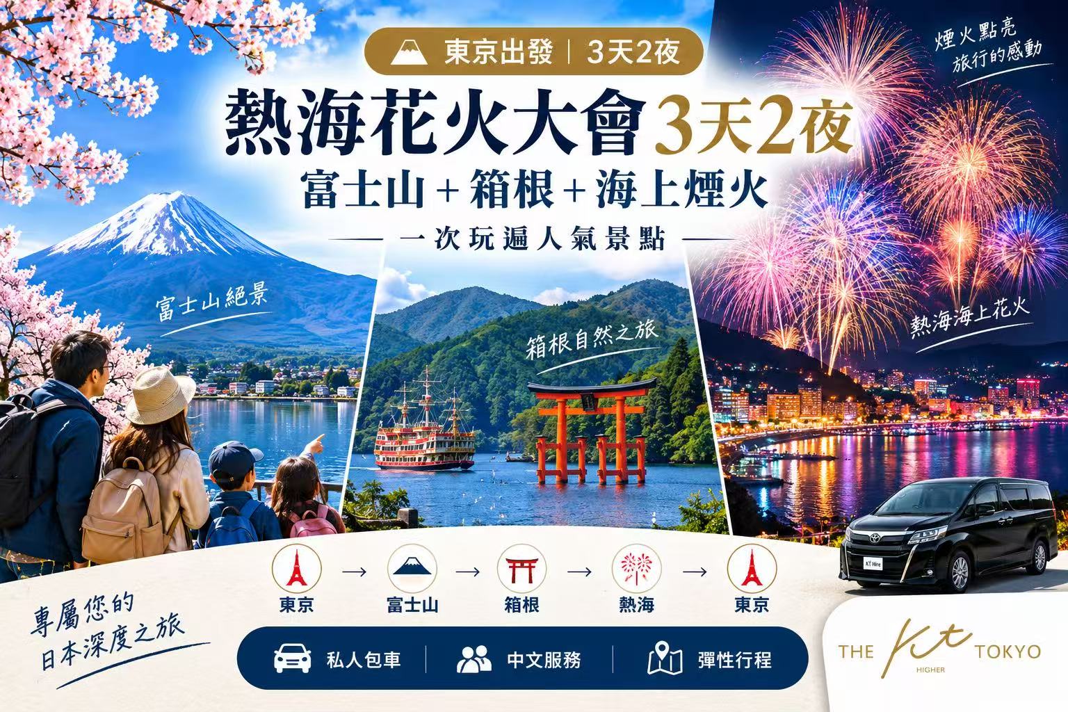 東京出發熱海花火大會3天2夜私人包車行程，暢遊富士山、箱根與熱海海上花火大會