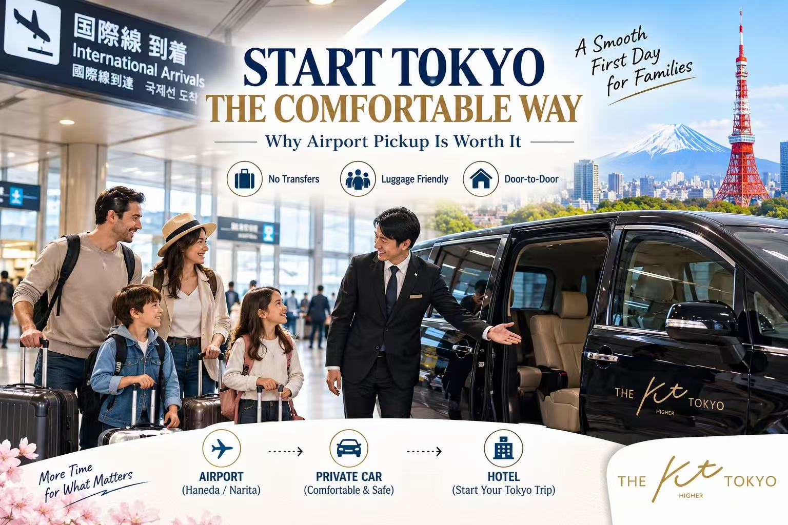 Family arriving in Tokyo using a private airport pickup service for a comfortable first day in Japan