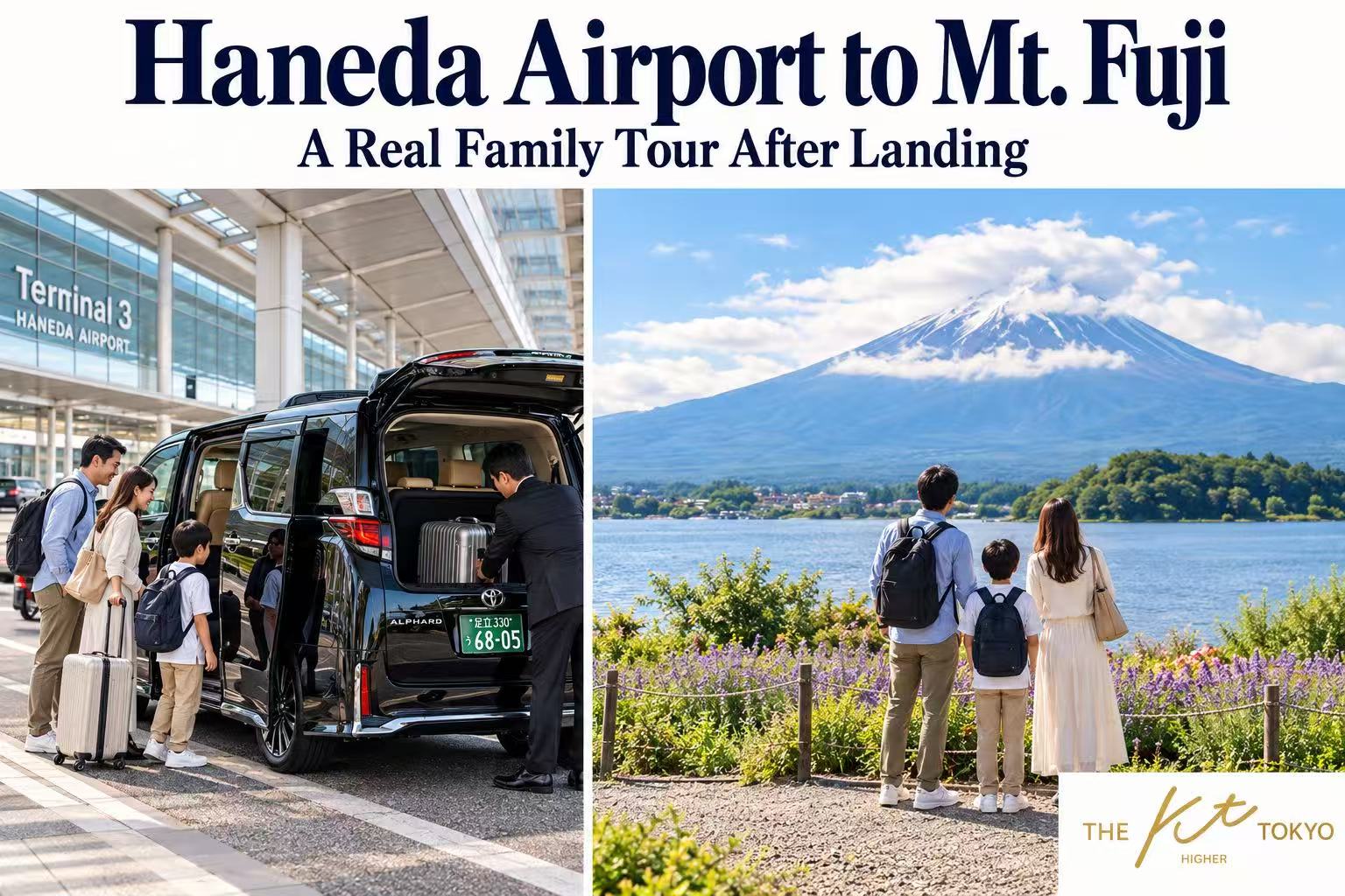 Haneda Airport to Mt. Fuji tour collage showing a family boarding a private vehicle and visiting Lake Kawaguchiko with clouds around the summit.