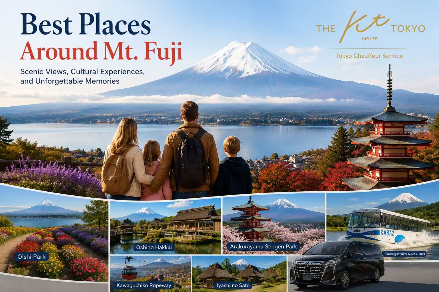 First-time visitors exploring the best places around Mt. Fuji, including Oishi Park, Oshino Hakkai, and Arakurayama Sengen Park.