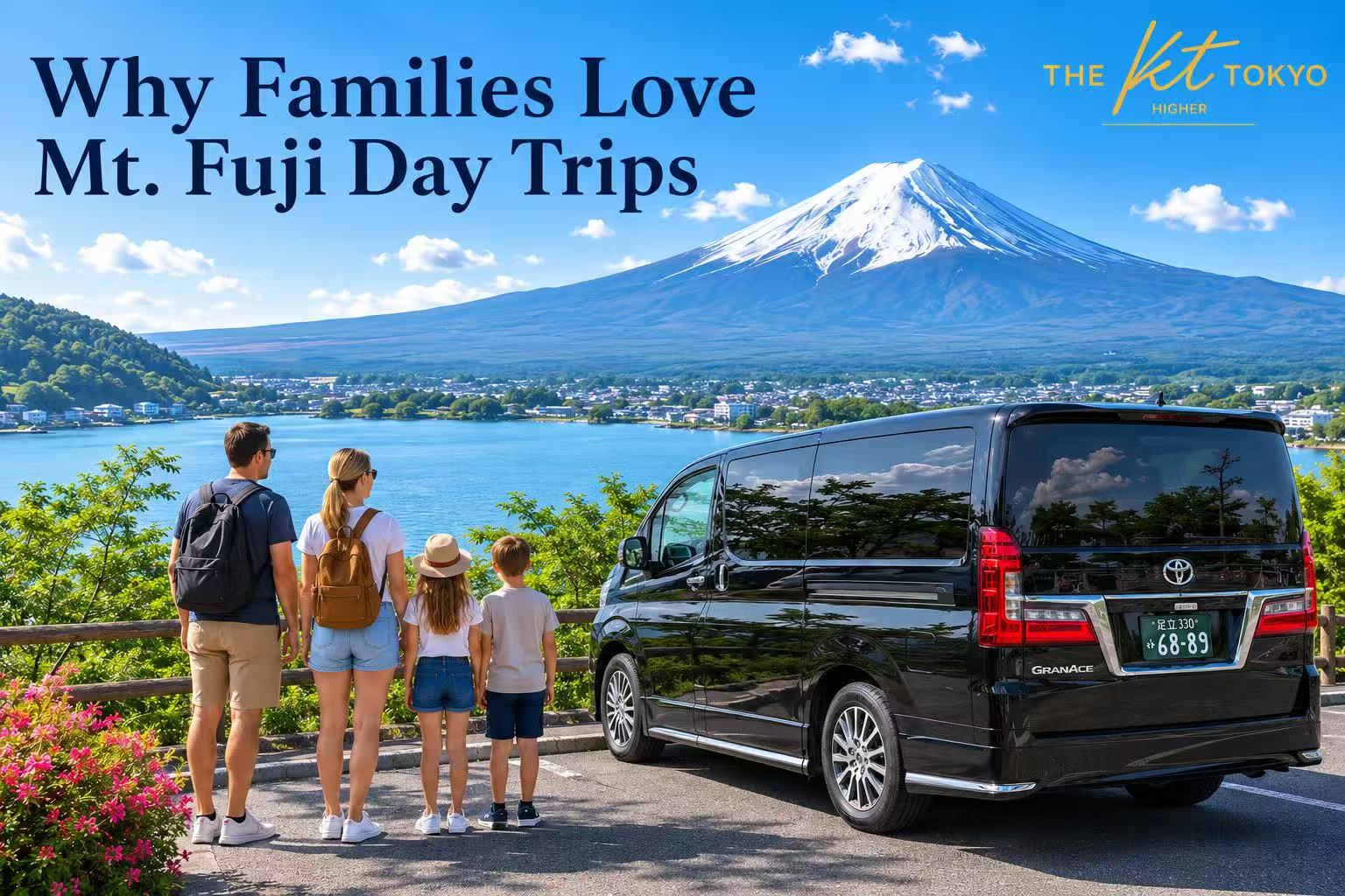 A European family enjoying the best Mt. Fuji sightseeing spots, including Oishi Park, Oshino Hakkai, and Arakurayama Sengen Park during a private day trip from Tokyo.