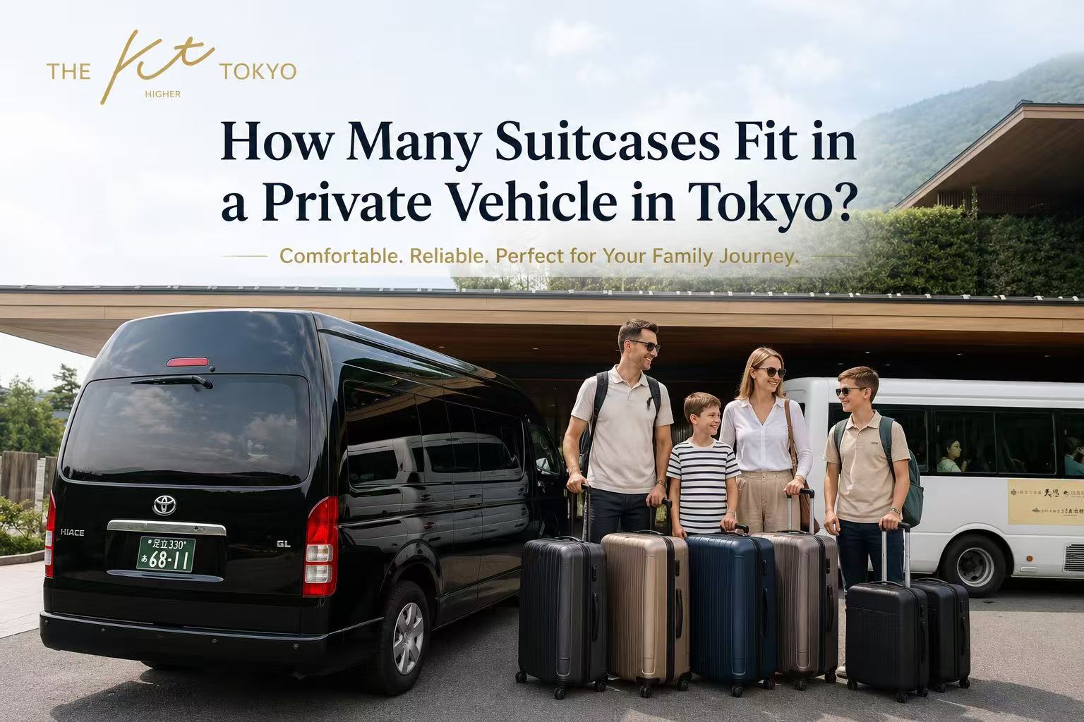 European family with multiple suitcases beside a private vehicle in Tokyo