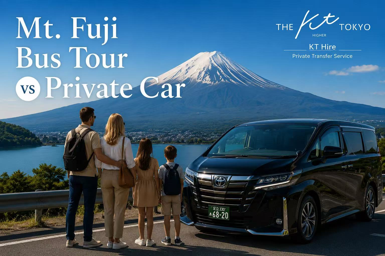 European family enjoying a comfortable private Mt. Fuji day trip from Tokyo with a KT Hire private vehicle, comparing bus tours and private transportation.
