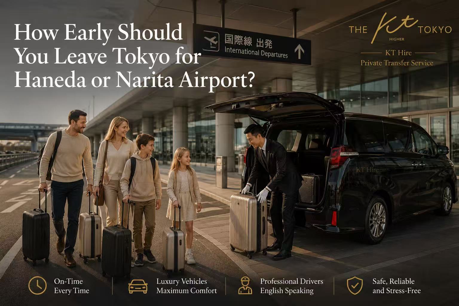 Family arriving at Haneda Airport with a KT Hire private transfer vehicle.