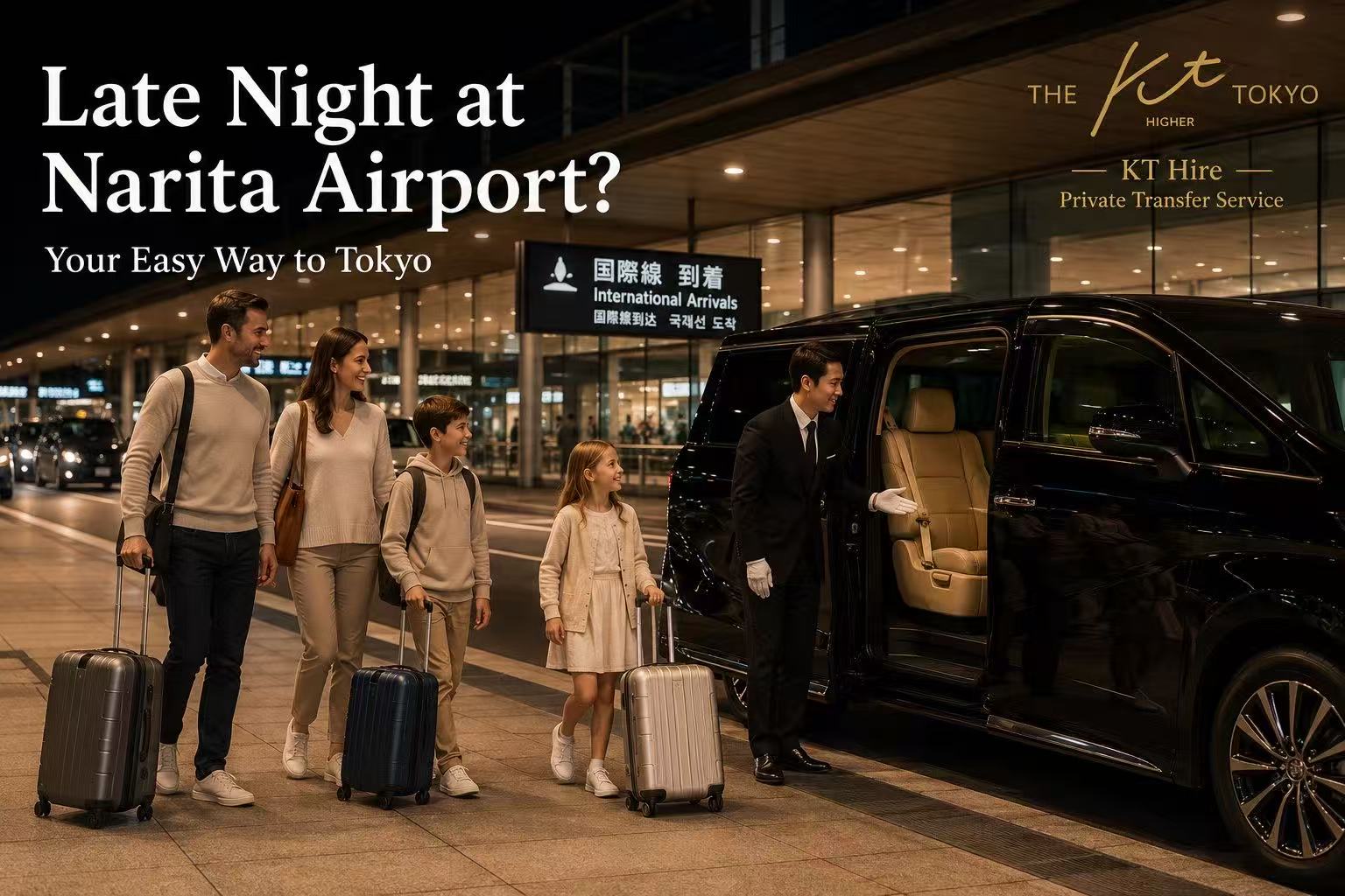 Family arriving at Narita Airport late at night with luggage and KT Hire private airport transfer