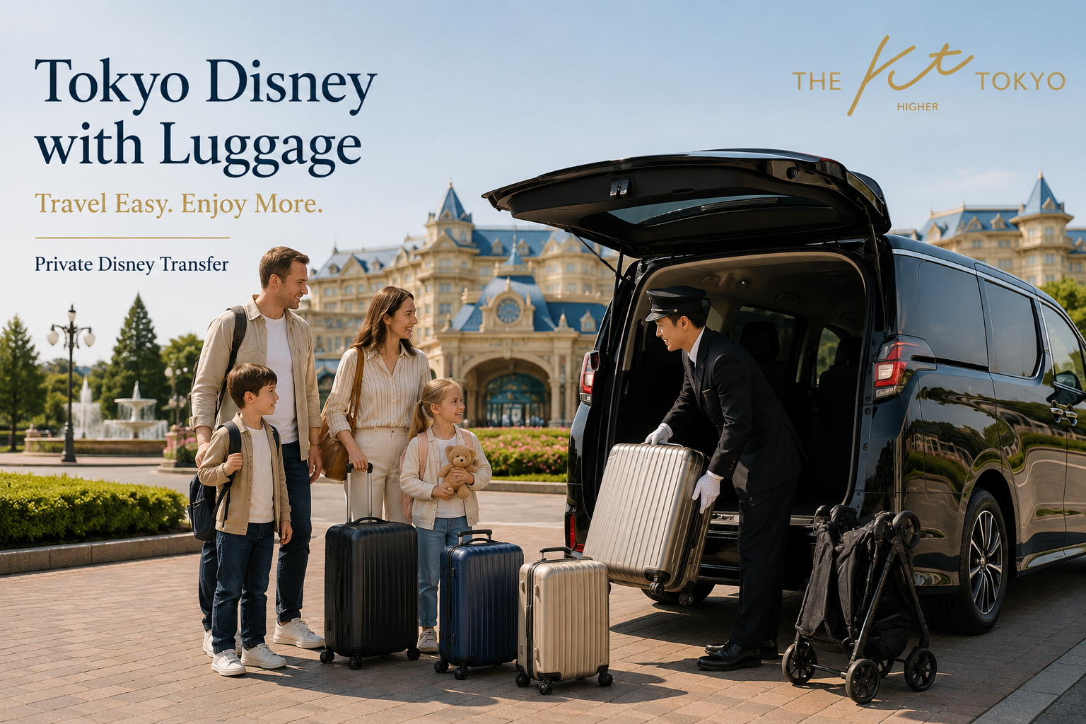 Family traveling to Tokyo Disney with luggage using a private transfer from a Tokyo hotel or airport with KT Hire.