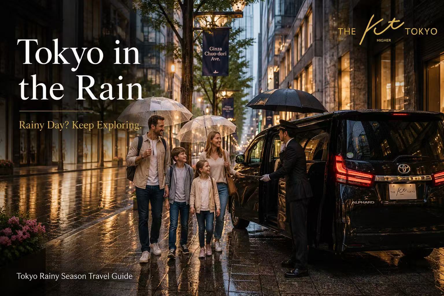 Tokyo rainy season travel guide showing international visitors enjoying sightseeing, shopping and private transportation on a rainy day in Tokyo.