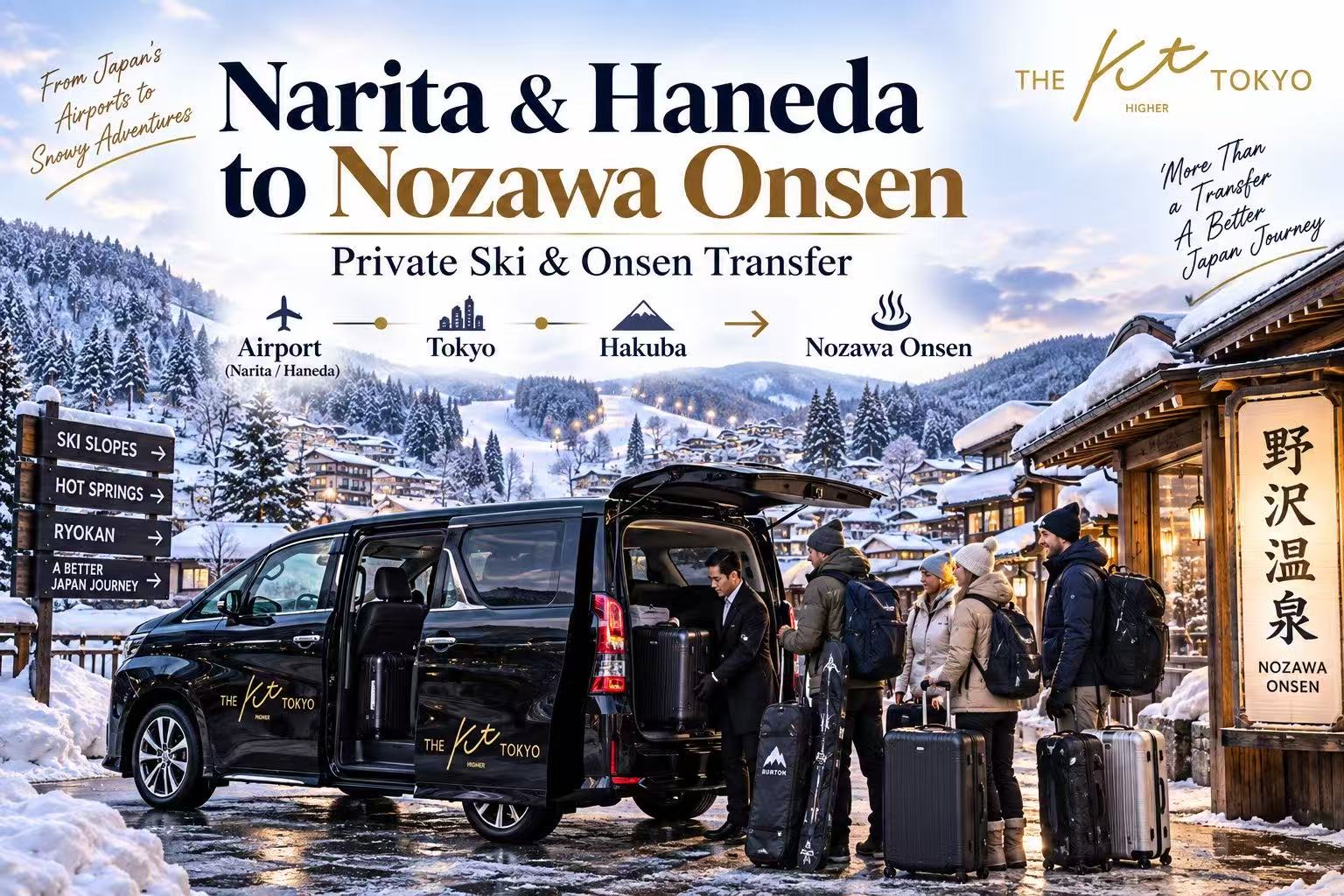 Private transfer from Narita and Haneda Airport to Nozawa Onsen with luggage, skis and snowboards, including Tokyo and Hakuba transfer routes