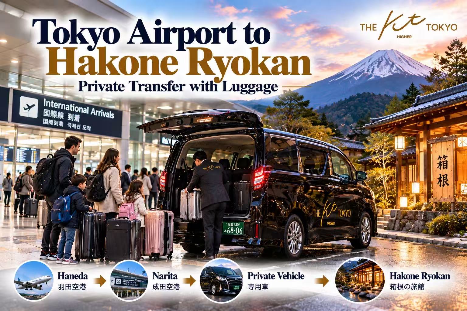 Private transfer from Haneda or Narita Airport to a Hakone ryokan with KT Hire, including luggage transport and door-to-door service.