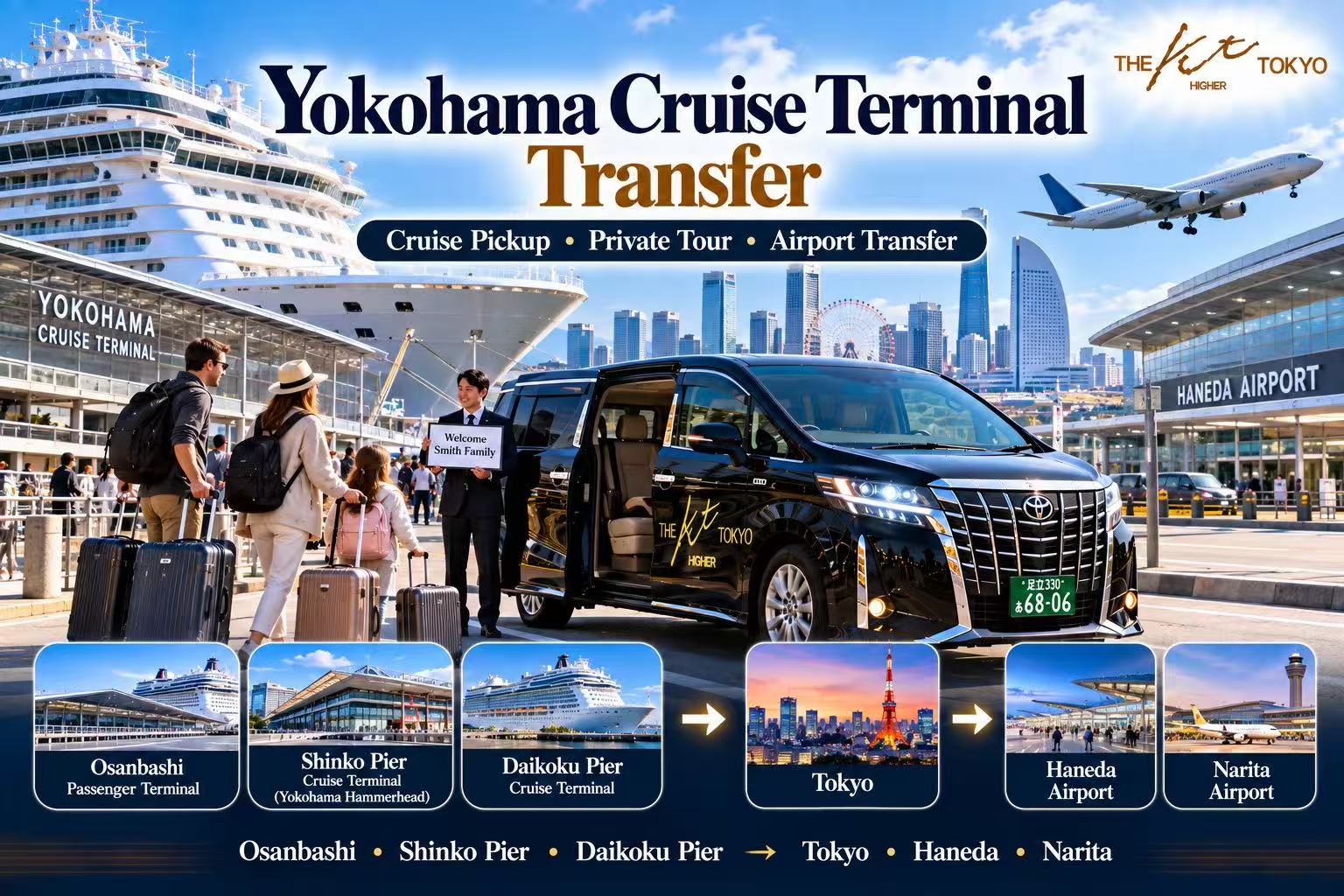 Yokohama cruise terminal private transfer from Osanbashi, Shinko Pier or Daikoku Pier to Haneda Airport, Narita Airport, Tokyo and private shore excursions.