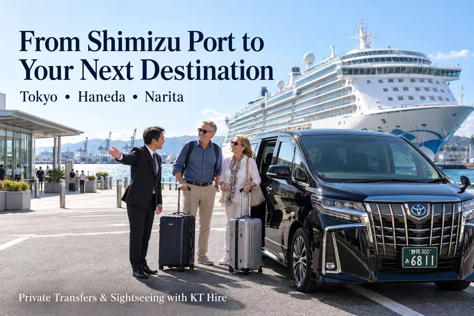 Cruise travelers with suitcases beside a KT Hire private vehicle at Shimizu Port for an onward transfer to Tokyo or the airport.