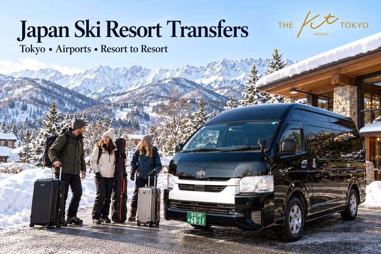 Travelers with suitcases and ski bags beside a black private van outside a snowy mountain lodge in Japan.