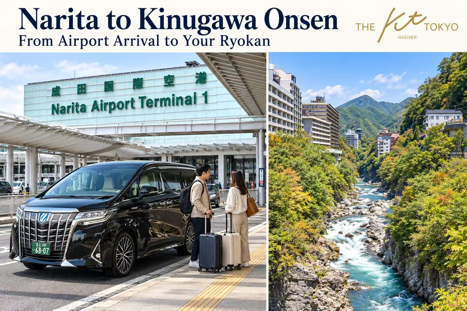 Separate scenes of travelers beside a black van at Narita Airport and a riverside ryokan in Kinugawa Onsen.
